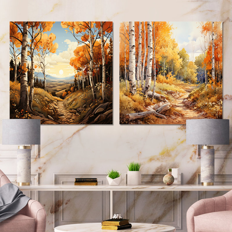 Birch Woods Mystic Moonlight - Ensemble de 2 paysages carrés, Toile tendue, H 16 po x l 33 po