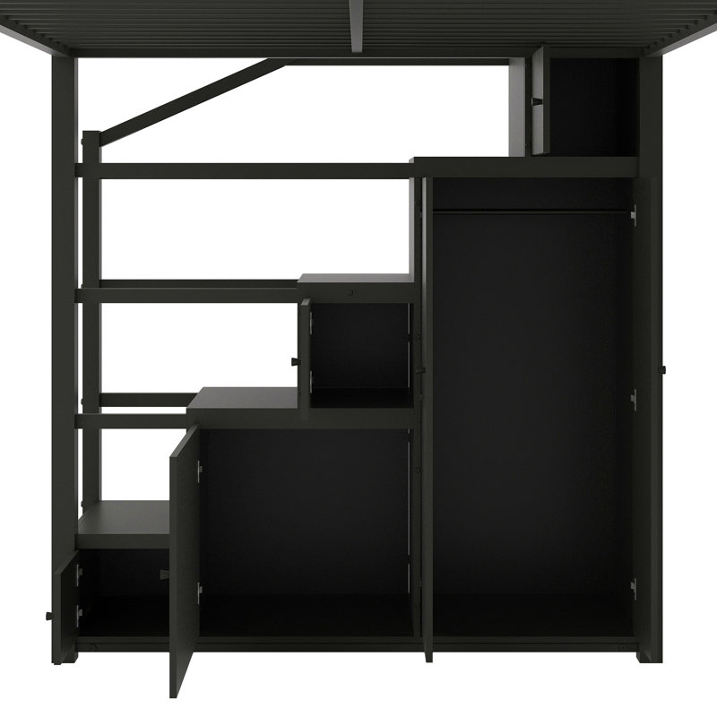 Grand lit mezzanine en métal avec tablettes de rangement, armoires et garde-robe, noir