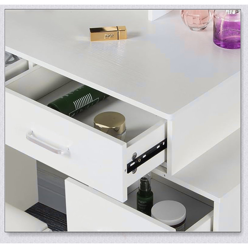 Adjustable White Dressing Table With 5 Drawers And Multi-Light LED Mirror For Organized Storage And Perfect Illumination