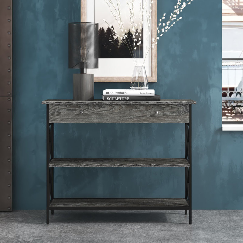 Adreyan 39.5'' Console Table, Weathered Gray Top/Black Base, 31.5" H x 39.5" W x 12" D