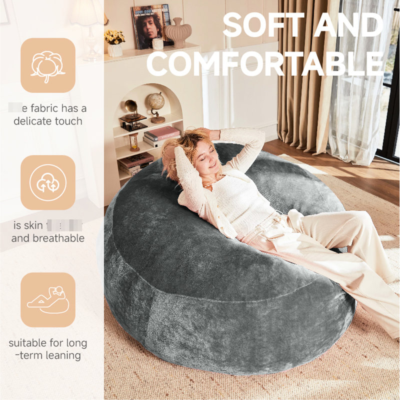 5Ft Bean Bag Chair With Flannel Cover, Foldable And Compact, For Small Apartment, Dark Grey Removable - Relieving Support, Adults' Lounge,