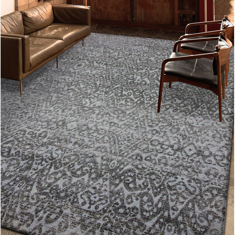 Ikat Area Rug in Light Blue/Black, Rectangle 6' x 9'