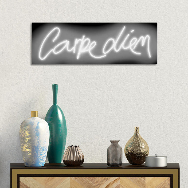 Neon Carpe Diem White On Black by Hailey Carr - Wrapped Canvas Panoramic Print, 30.48 cm H x 91.44 cm W x 1.91 cm D