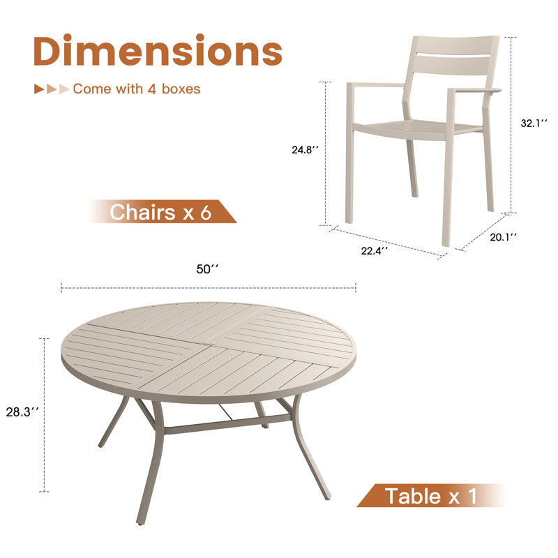 6-Person Patio Dining Set with 50“ Round Metal Dining Table and 6 Stackable Armrest Chairs, Cream/Cream