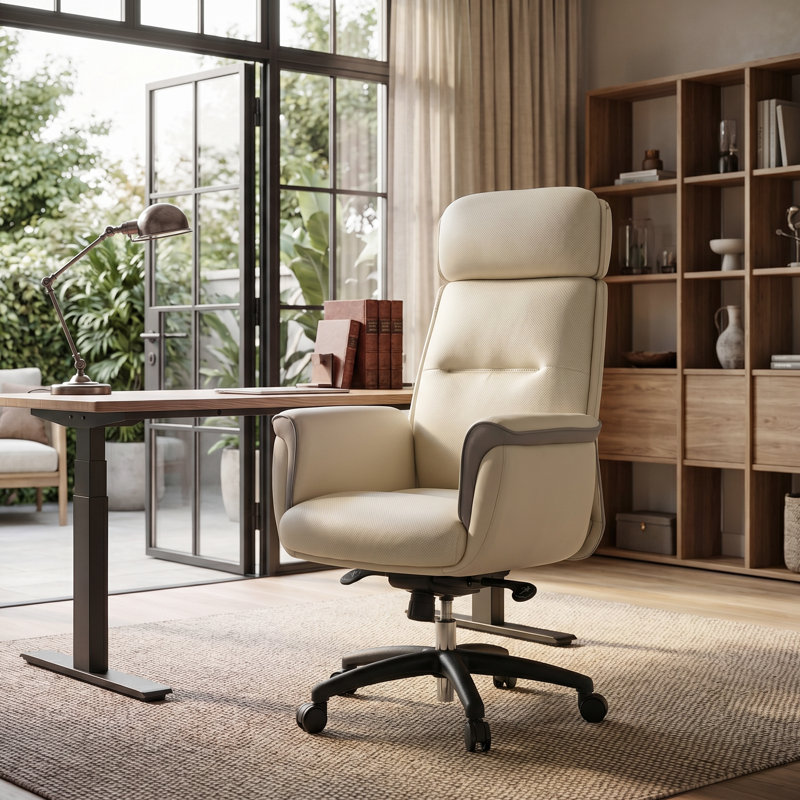 Eureka Silicone Leather Executive Chair with Headrest, Beige/White