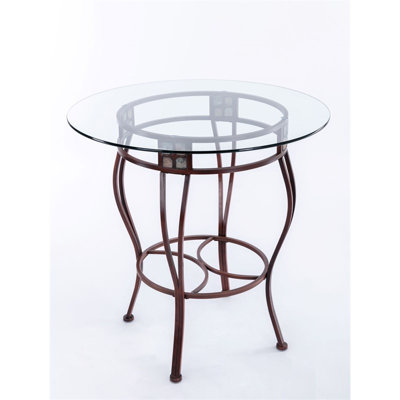 Pemberly Row Round Glass Top Counter Height Metal Pub Table in Brown