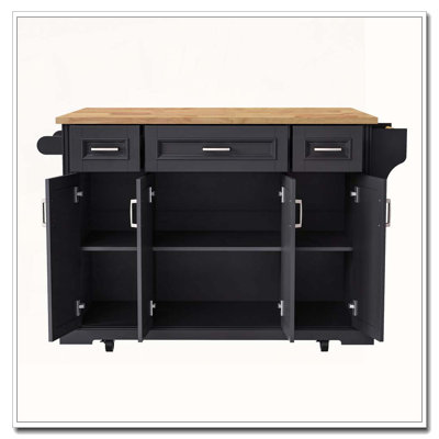 54inch Large Kitchen Island with Rubber Wood Drop Leaf, Embossed Texture Rolling Kitchen Cart on 4 Wheels with 4 Doors and 3 Drawers