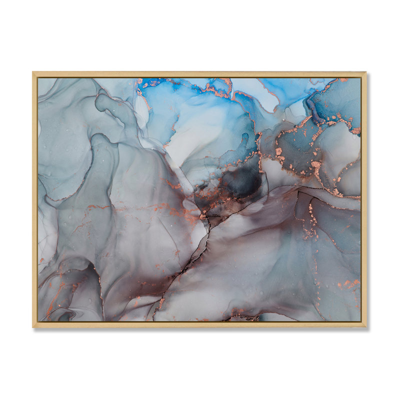 " Grey And Blue Liquid Art ", Maple Floater Framed, 16" H x 32" W