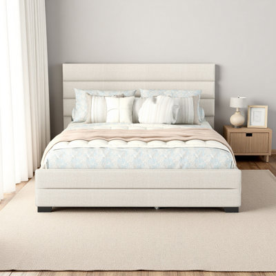Grand lit plateforme tapissier avec lit gigogne simple et deux tiroirs