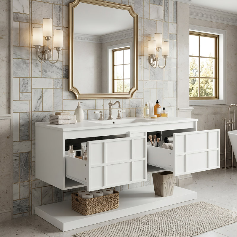 Meuble-lavabo mural de 122 cm avec lavabo en SMC et tablette ouverte, armoire de rangement sans poignées en MDF peint (blanc)