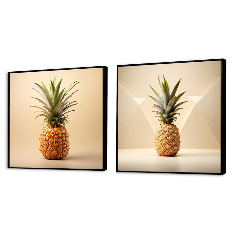 Sweet Pineapple Fantasy - Ensemble de 2 collages carrés ananas, Cadre flottant noir, H 16 po x l 33 po