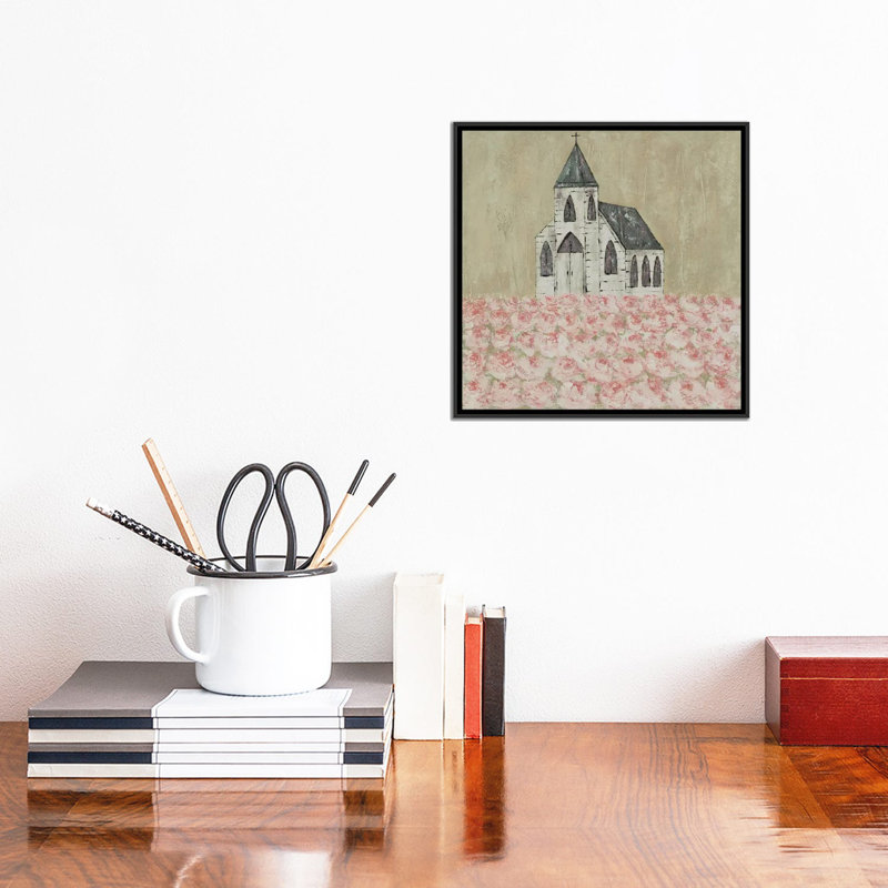 «Church Peony Field» par Ashley Bradley - reproduction imprimée, Toile avec cadre noir, H 12 po x l 12 po x P 1,5 po