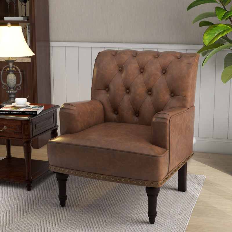 Enoks Upholstered Brown Faux Leather Tufted Armchair with Nailhead Trim