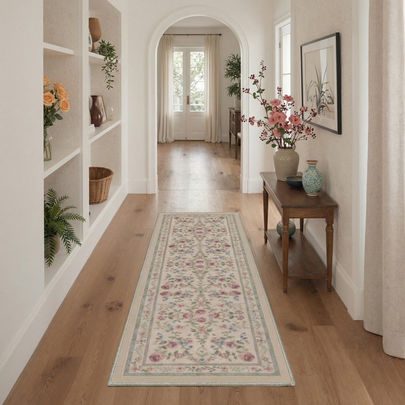 Abbey Floral Machine Washable Pink / Beige / Green Indoor Area Rug with Non-Slip Backing, Runner 2'6" x 8'
