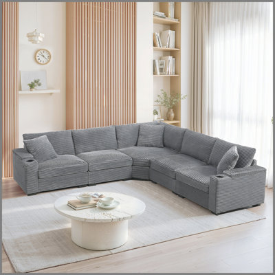 106" Convertible L Shaped Sectional Sofa,Corduroy Corner Couch With Armrest Storage,Cup Holders,Usb Charger,Irregular Corner,Oversized Comfy Modular Sofa For Living Room,Apartment