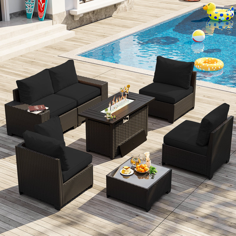 7-pieces Patio Furniture Set With 44" Propane Gas Fire Pit Table, Black Cushion/Black Frame