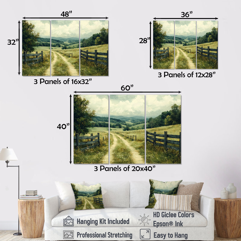 «Green Peaceful Valley I», ensemble d'art mural, Toile tendue, H 32 po x l 48 po x P 1 po