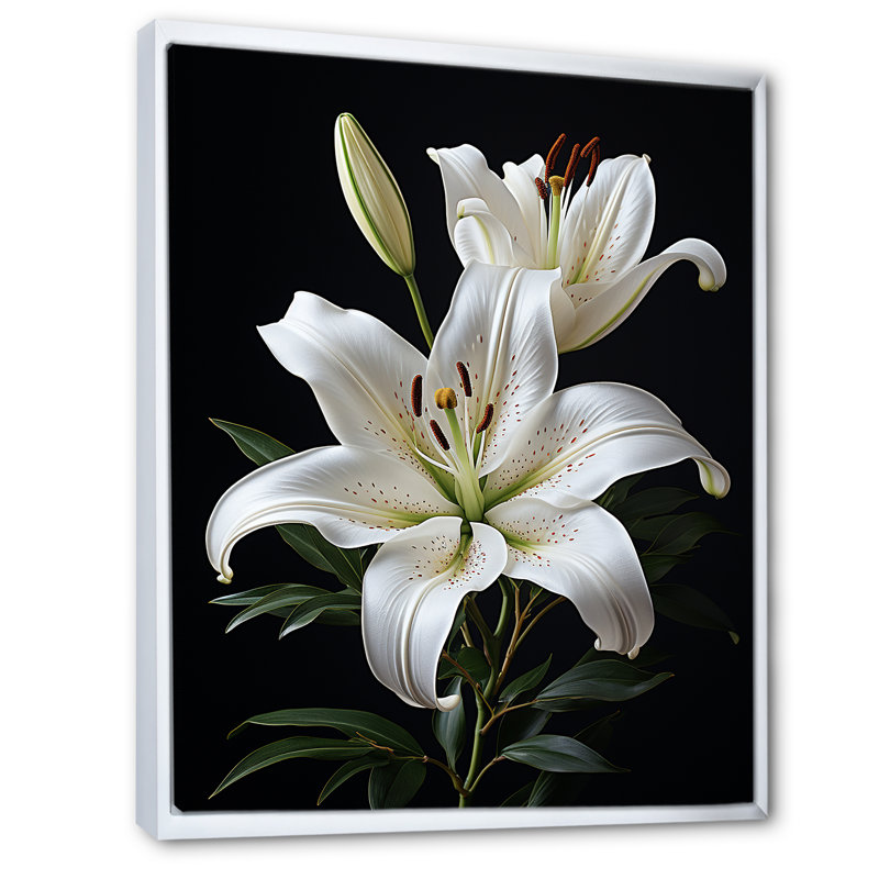 «Black White Lily Exquis II» - lys, impressions sur toile, H 44 po x l 34 po x P 1,5 po, Cadre flottant blanc