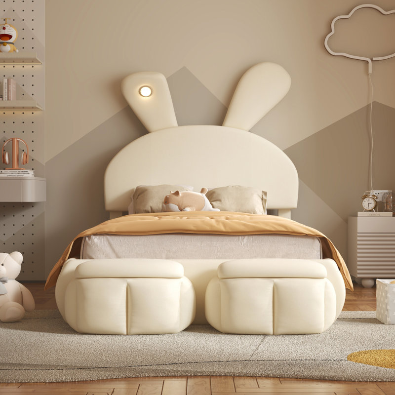 Upholstered Platform Bed With Cartoon Ears Shaped Headboard And Light, Full, Beige