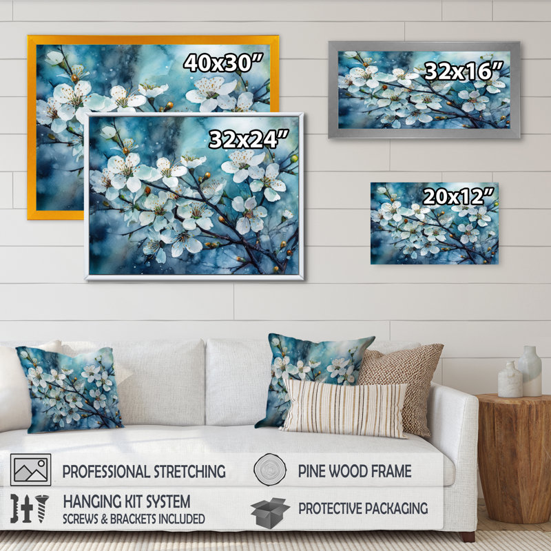 " White Blue Apple Tree Melody ", 16" H x 32" W x 1" D, Gold Picture Framed