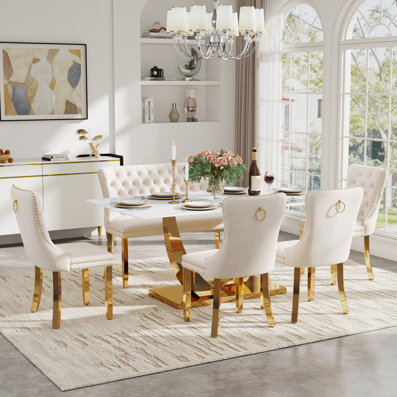 Rectangle Tempered Glass Dining Table Set with Tufted Bench, Luxury Dining Table with Tufted Velvet Dining Chair for Dining Room