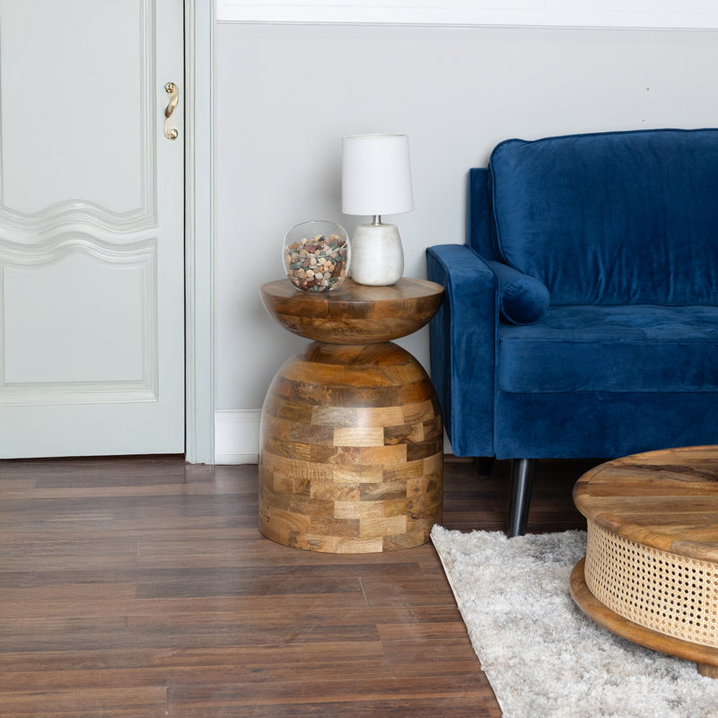Table d'appoint ronde en bois de manguier 16 po avec carreaux patchwork - finition naturelle, entièrement assemblée
