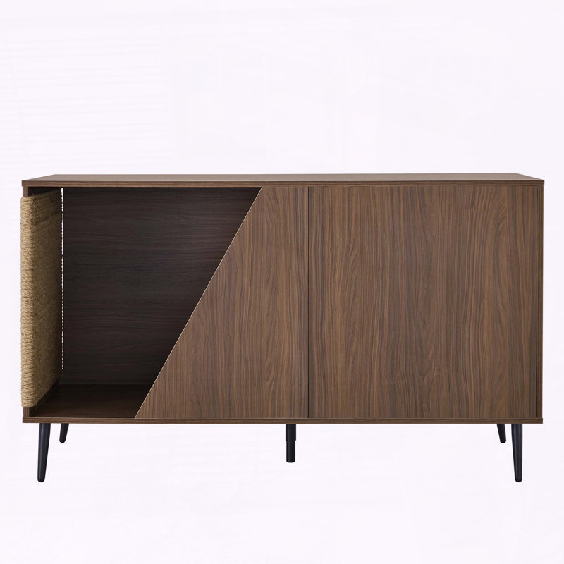 Enceinte de litière moderne en noyer avec grattoir et rangement en sisal