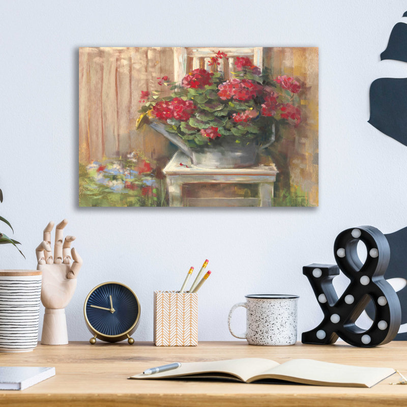 «Geraniums On Chair» par Carol Rowan, H 12 po x l 16 po x P 0,13 po