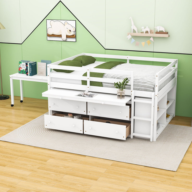 Lit mezzanine bas avec bureau rétractable et tiroirs, tablettes, Double, Blanc