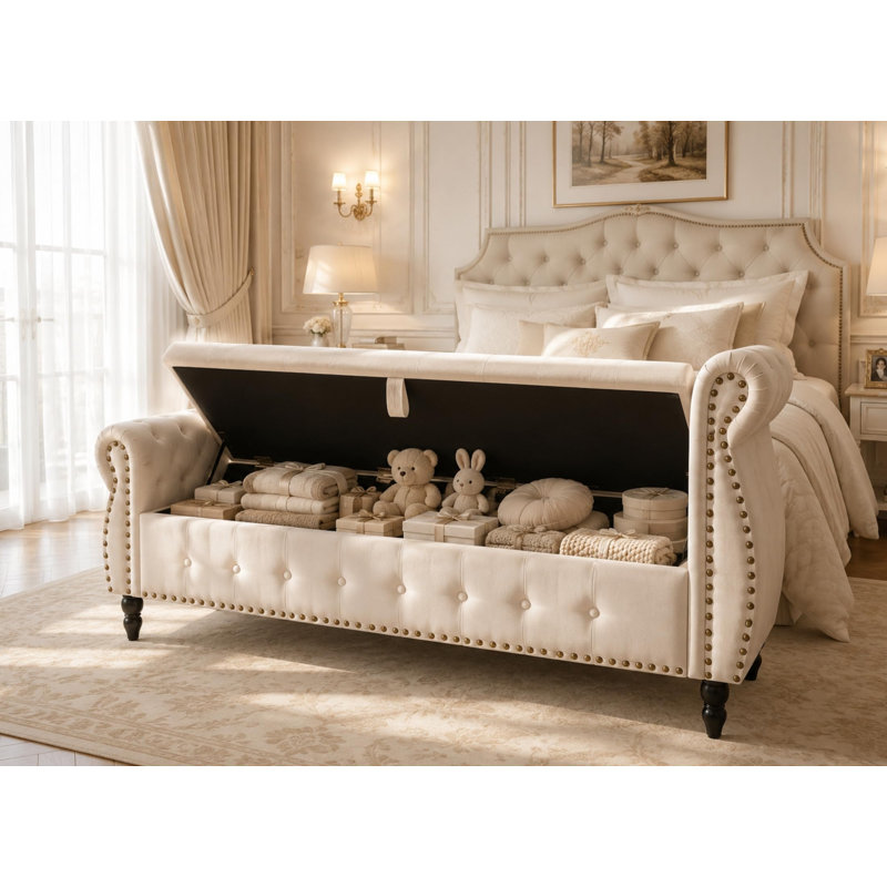 Velvet Upholstered Storage Bench, Beige