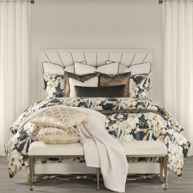Polyester Floral Duvet Cover & Insert Set, Twin Duvet + 1 Shams + 2 Throw Pillows, Golden/Gray