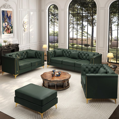 Ensemble de salon de luxe en similicuir 4 pièces avec capitonnage et repose-pieds faits à la main