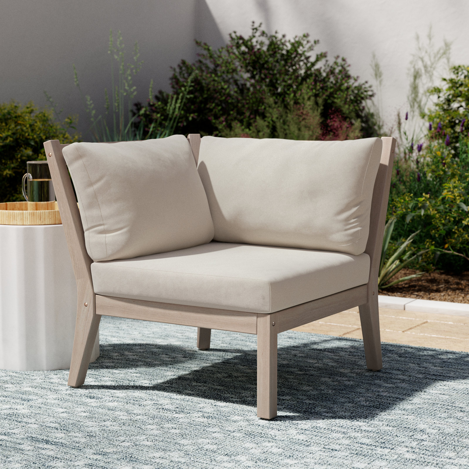Amina Outdoor Acacia Corner Chair with Cushions, Beige