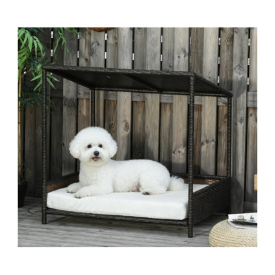Lit pour chien surélevé en rotin avec toit incliné et coussin - cage intérieure / extérieure brun / blanc