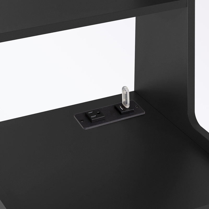 Nightstand with Charging Station, Light and Bookshelf, Black