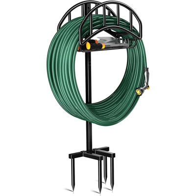 Support de tuyau d'arrosage avec panier de rangement pour outils et 4 pointes, organisateur d'extérieur en métal robuste pour cour et pelouse