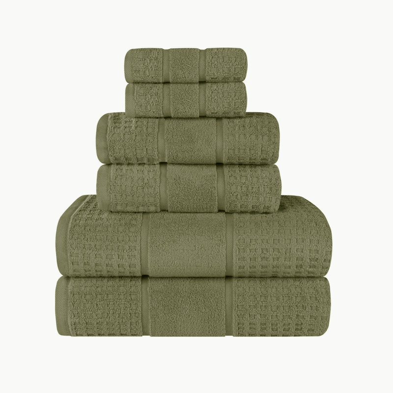 Ensemble de serviettes en coton gaufré Hisela Zero Twist, Vert forêt, Ensemble 6 serviettes de bain