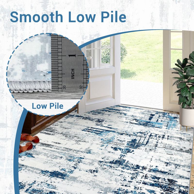 Tapis de salon 8 x 10 moderne Abstarct avec envers antidérapant, jet antidérapant et antidérapant pour chambre à coucher, salle à manger, bureau à domicile, bleu