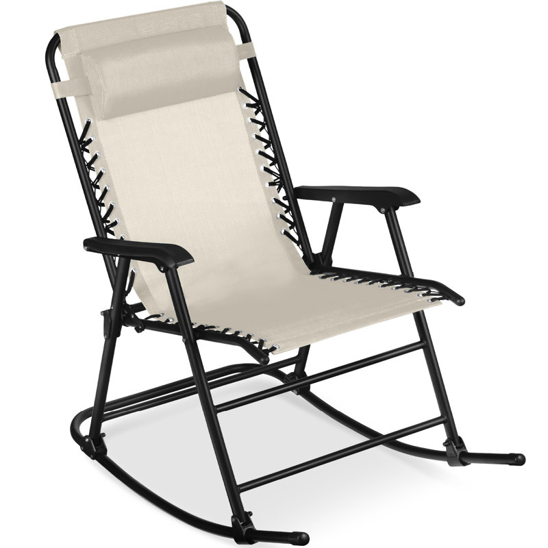 Folding Outdoor Zero Gravity Rocking Lounge Chair W/ Headrest Pillow, Ivory