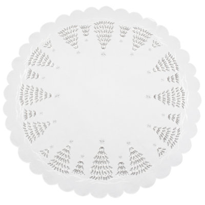 Snowy Silver Christmas Tree Scene On Ivory Table Topper (Round)