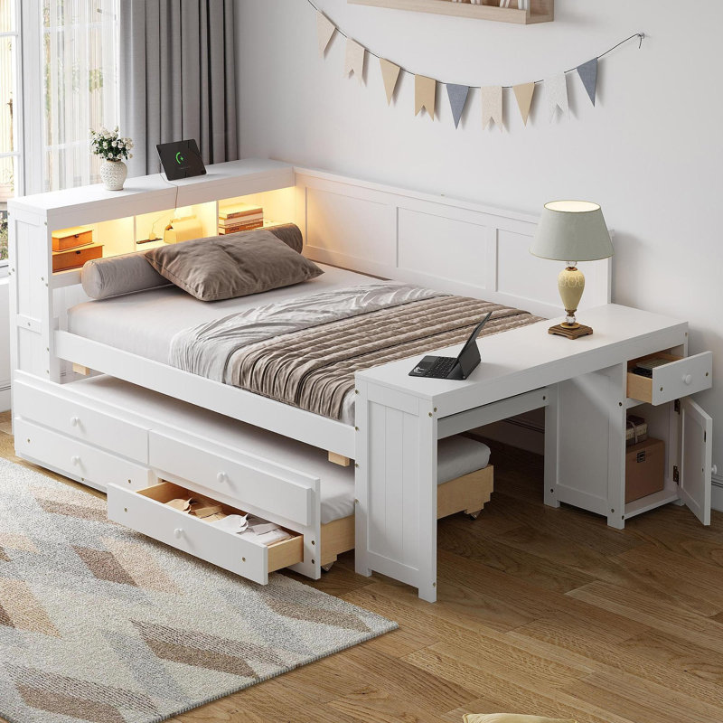 Full Size Daybed With Storage Shelves,Drawers,Trundle,Charging Station,LED Light,Desk And Cabinet,White, White