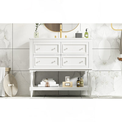 Ensemble de meuble-lavabo 36 po avec ensemble de meuble-lavabo, lavabo en céramique encastré, ensemble de meuble-lavabo autoportant avec 4 tiroirs, armoire de salle de bain avec cadre en bois massif, blanc