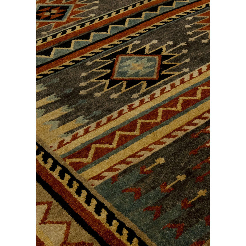 Slate Hand Knotted Wool Southwestern Area Rug in Gray/ Ivory/ Black/ Rust/ Blue/ Gold, Rectangle 6' x 9'