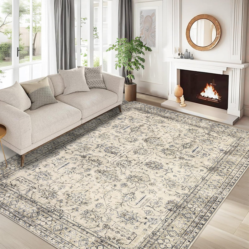 Floral Area Rug, Beige, Rectangle 200 x 290 cm