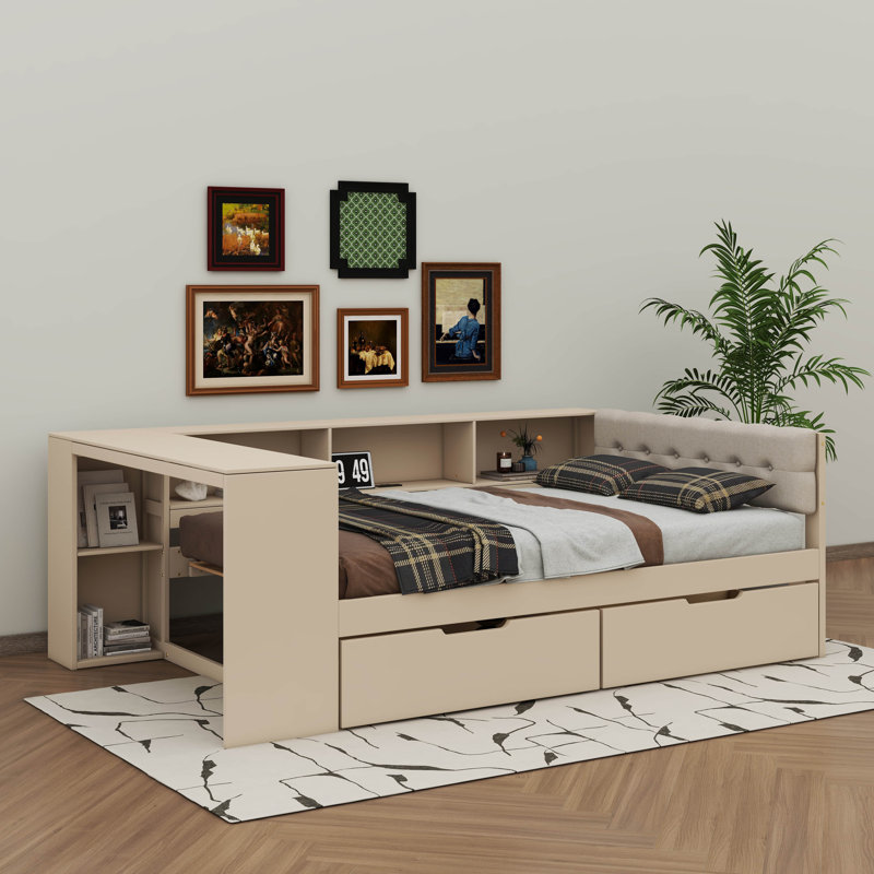 Lit plateforme luxueux avec tablettes de rangement, tiroirs et station de charge intégrée, Lit double, Crème, crème