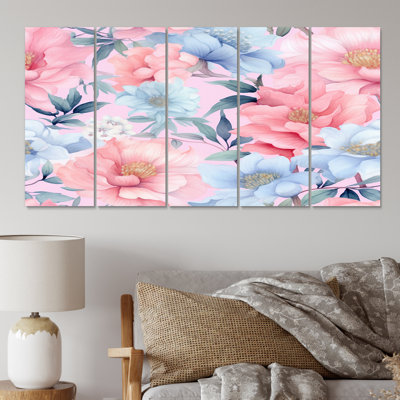 Pétunia rose sur I - fleurs, reproduction d'art sur toile - 5 panneaux égaux