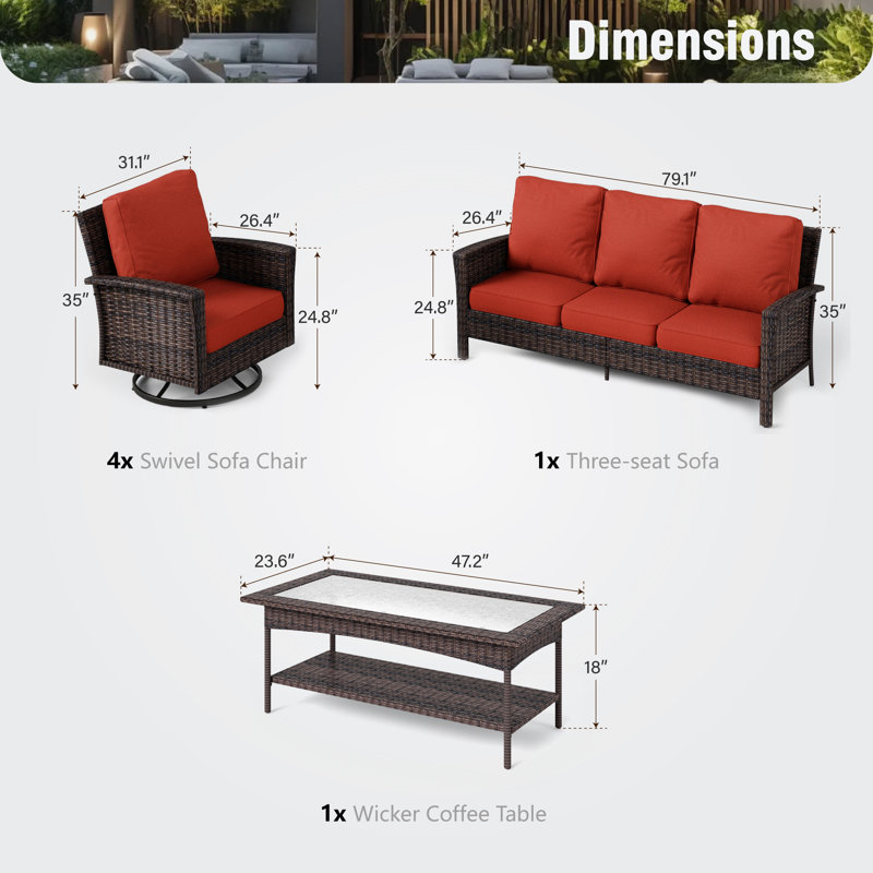Nadilee Premium All-Weather Wicker 7 - Person Patio Conversation Set with Cushions, Red