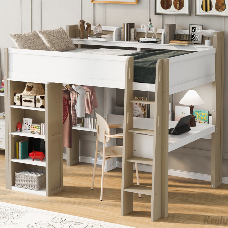 Lit mezzanine en bois avec tablettes de rangement intégrées, tringles à vêtements et bureau, Naturel
