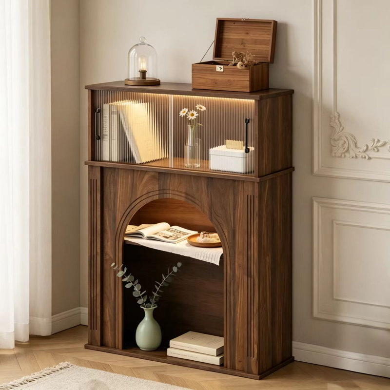 41.3" Tall Arched Accent Storage Cabinet with LED Lights & Glass Sliding Door 