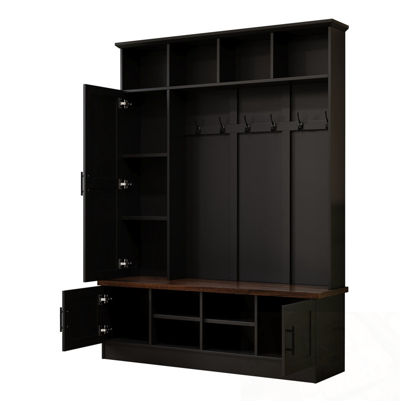 Hall Tree With Bench, Open Shelf And 2 Drawers, Black